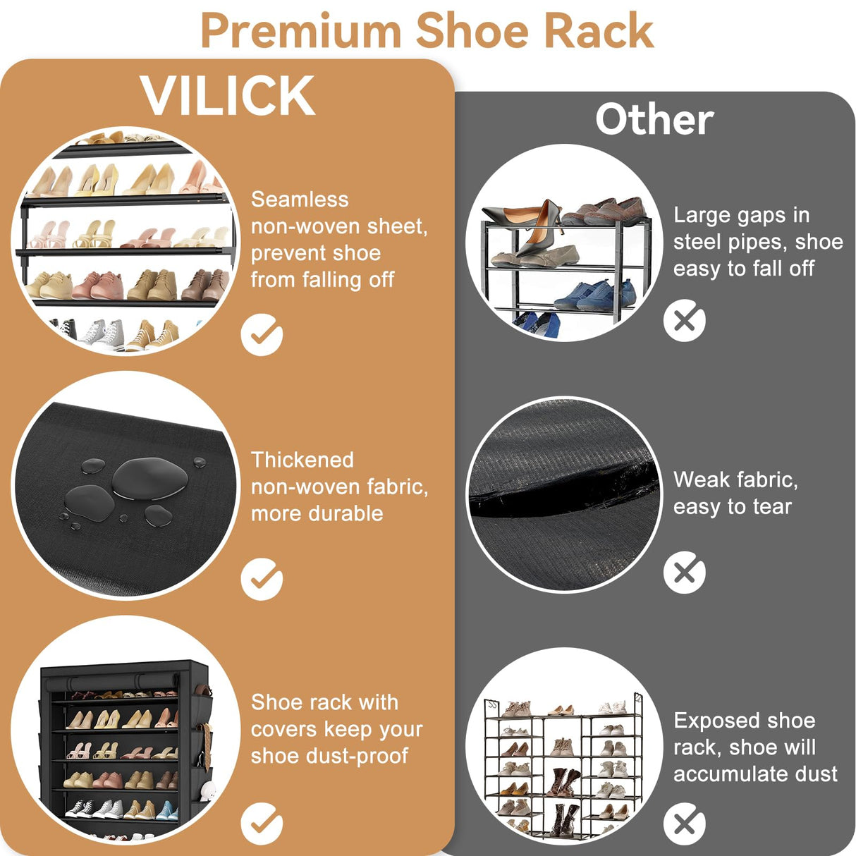 VILICK Shoe Rack with Cover, 8 Tier Tall Shoe Organizer Storage for 36-45 Pair Shoes and Boots Large Shoe Storage Shelf Free Standing Shoe Rack for Closet, Front Door Entrance, Dorm, Garage VILICK