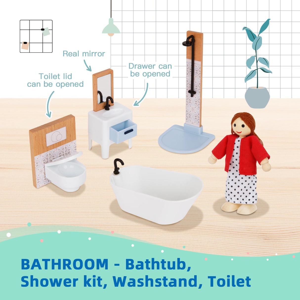 OOOK Wooden Dollhouse for Kids, Doll House with Simulated Luxury Furniture Set, Dollhouse Playset Gifts for Girls Toddlers (Including 4 Family Dolls OOOK