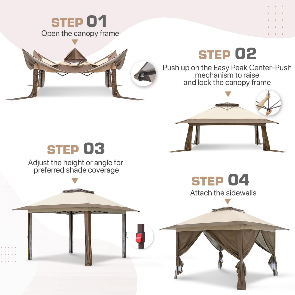 EAGLE PEAK 13x13 Pop Up Gazebo with 4 Wall Panels, Easy Up Canopy for Patio and Backyard, Easy Set up Outdoor Gazebo (Beige/Brown) EAGLE PEAK