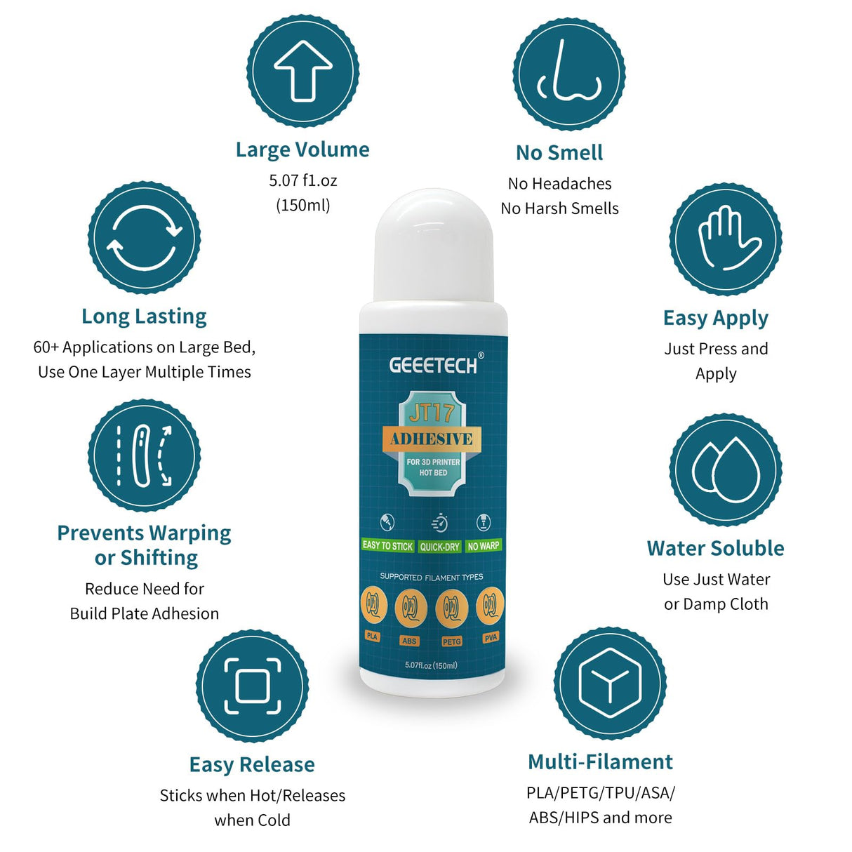 XZN 150ml 3D Printer Adhesive Glue, Perfect First Layer Adhesion, Prevents Warping on Heat Bed, Easy Release for PLA, PETG, ASA, TPU Filaments and Glass, PEI, Aluminum Various Build Plate, 5.07fl oz XZN