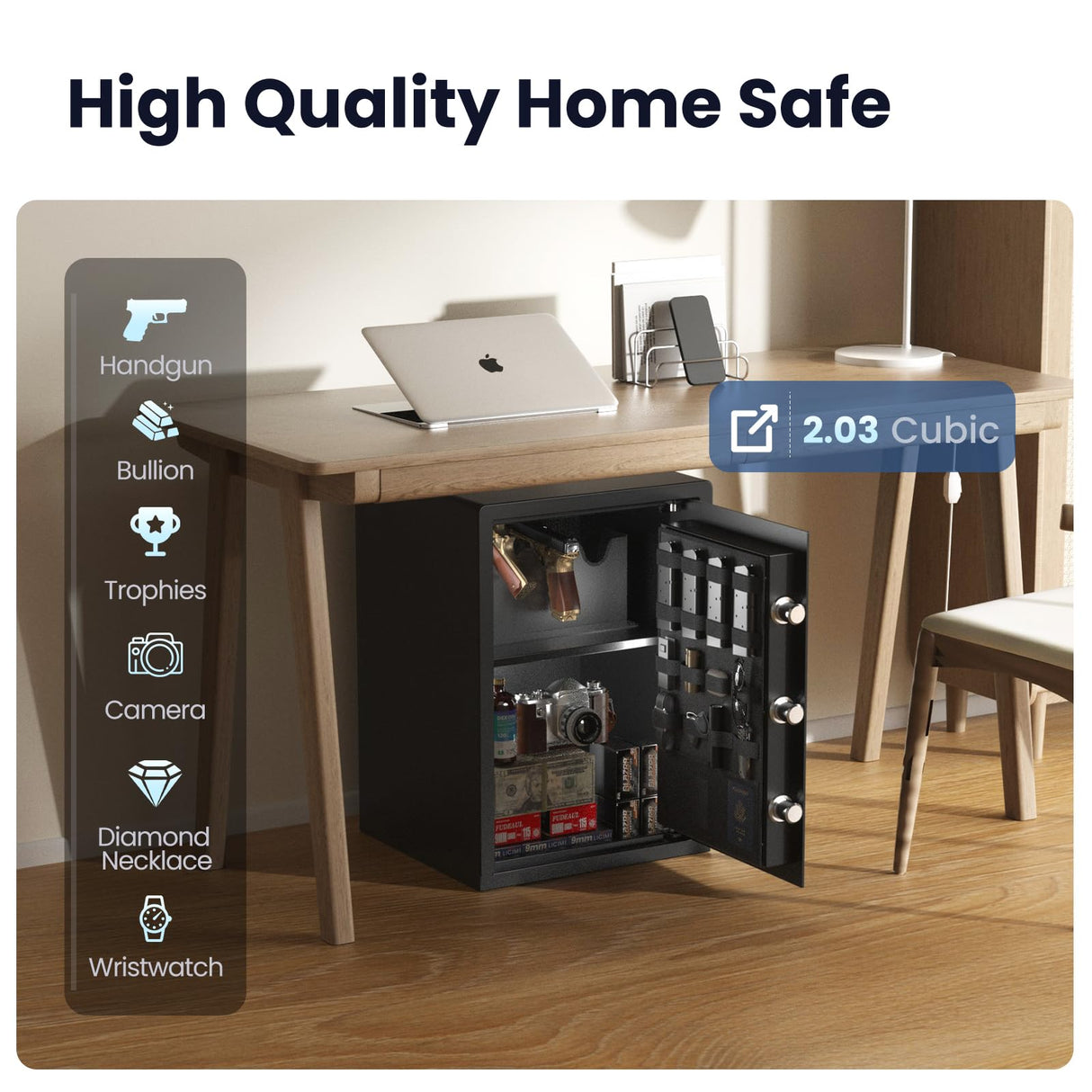 Grimtron Gun Safe for Handgun - (2.03 cu. ft.) Include 【Gun Organizer & Gun Rack】 Silent Mode, Backlit Keypad, and LED Light Safe Box Anti-Rust, Anti-Theft, Anti-Pry Grimtron