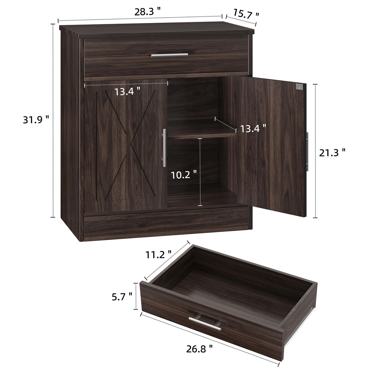 Shintenchi Farmhouse Storage Cabinets with doors and shelves,kitchen Barn Door storage cabinet with drawers,Coffee Bar Cabinet Buffest Sideboard for Dining Living Room,Bathroom,Entryway,Dark Brown Shintenchi