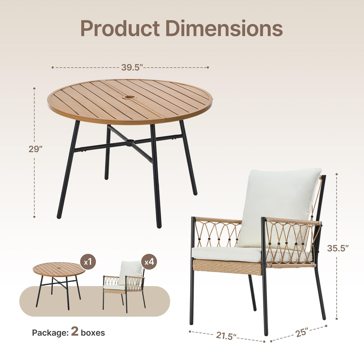 SUNCOZE Outdoor Patio Dining Table and Chairs Set, 5 Pieces PE Rattan Patio Furniture Set with Cushion and Umbrella Hole, Wicker Patio Conversation Sectional Sets for Porch, Backyard and Lawn, Beige SUNCOZE