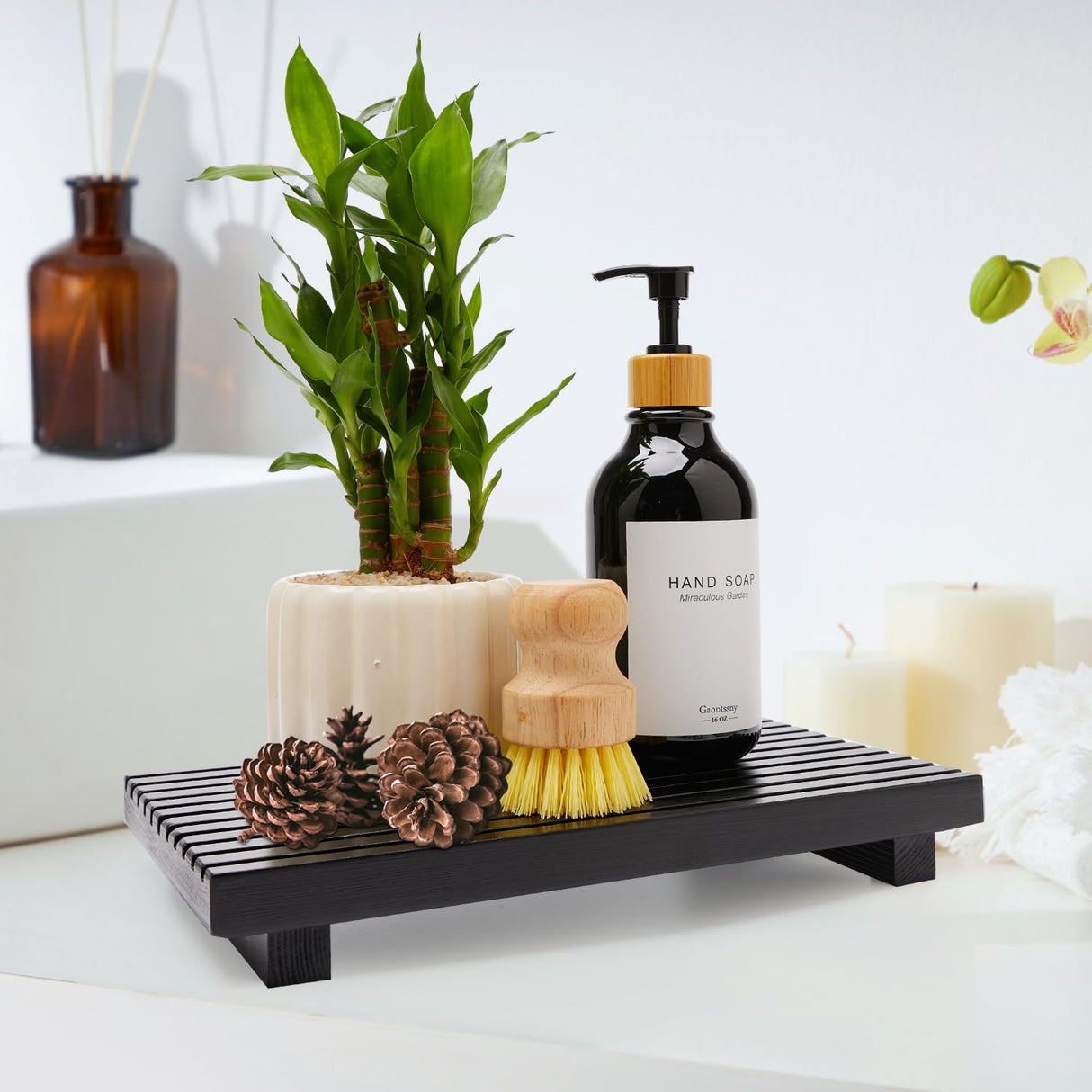 Renawe Black Bathroom Counter Organizer Wooden Display Pedesta Stand Kitchen Countertop Trays Farmhouse Wood Riser Dish Soap Dispenser Holder for Bathroom Decor Kitchen Sink Accessories Vanity Tray Renawe