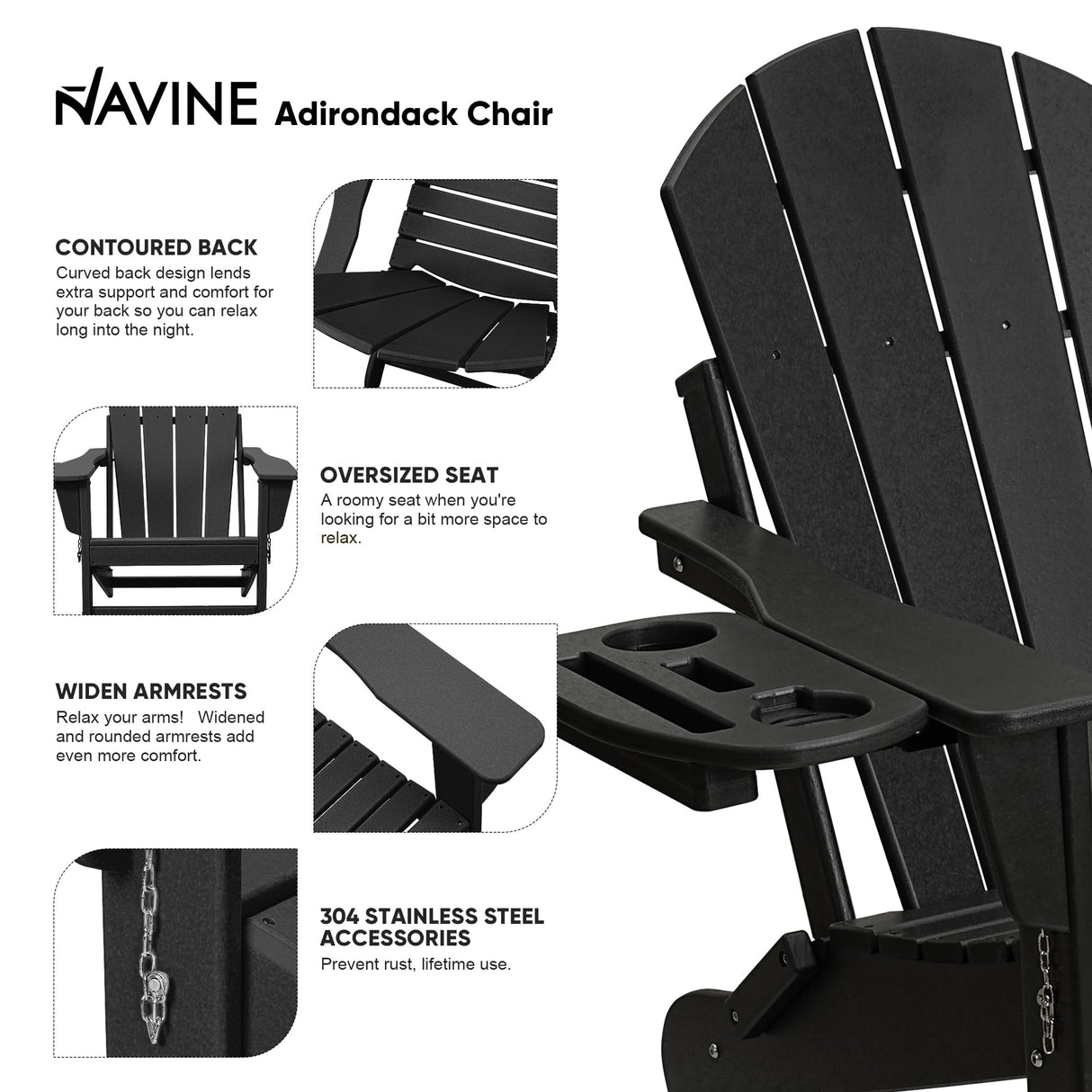 NAVINE Adirondack Chair Set of 4, HDPE Folding Adirondack Chair with Multifunctional Cup Holder, Weather Resistant Fire Pit Chair for porches, patios, poolsides, Decks. NAVINE