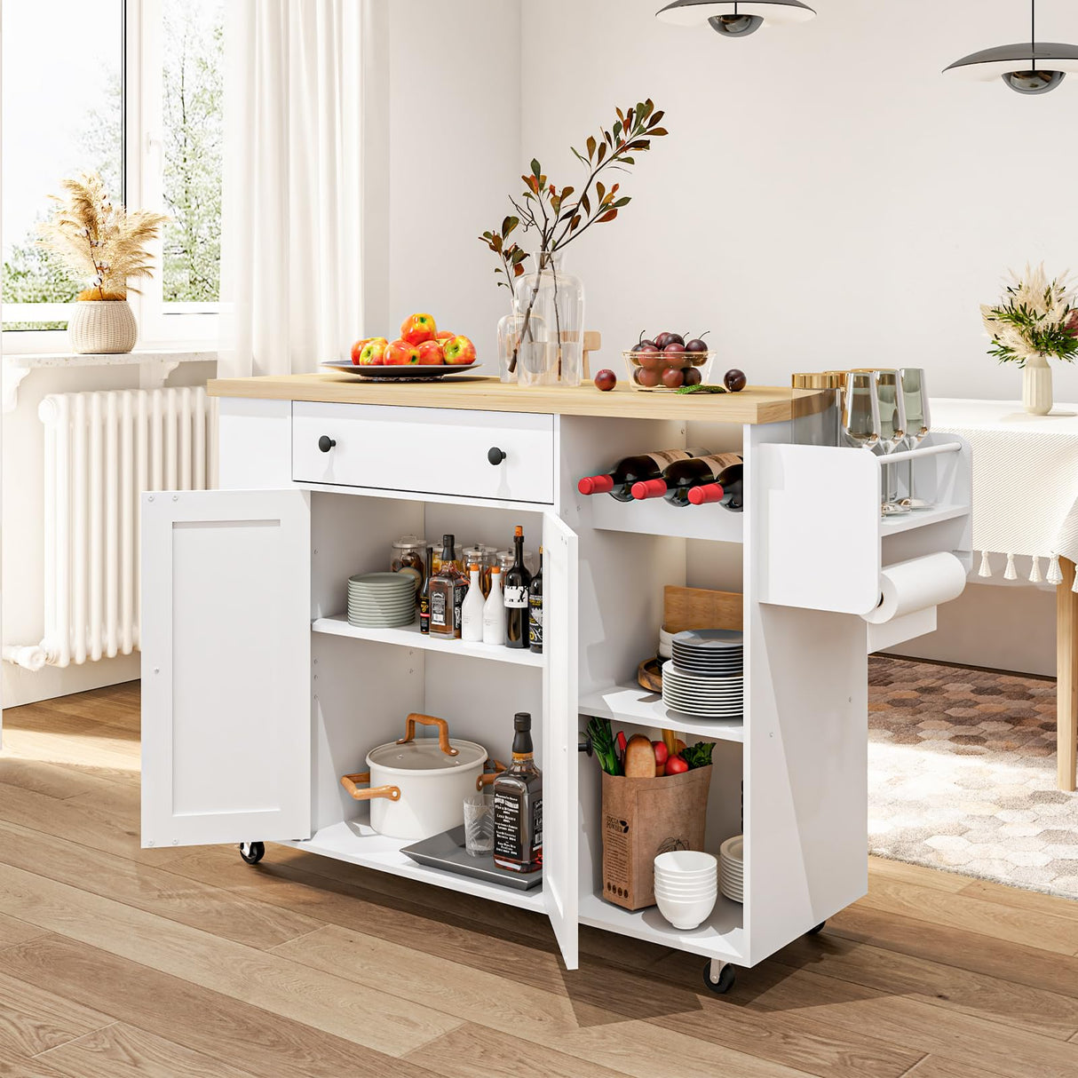 HOOBRO Kitchen Island with Power Outlet, Rolling Kitchen Island on Wheels, White Kitchen Cart with Door Cabinet, Island Table with Storage, Wine Rack and Spice Rack, White and Natural WN16UZD01 HOOBRO