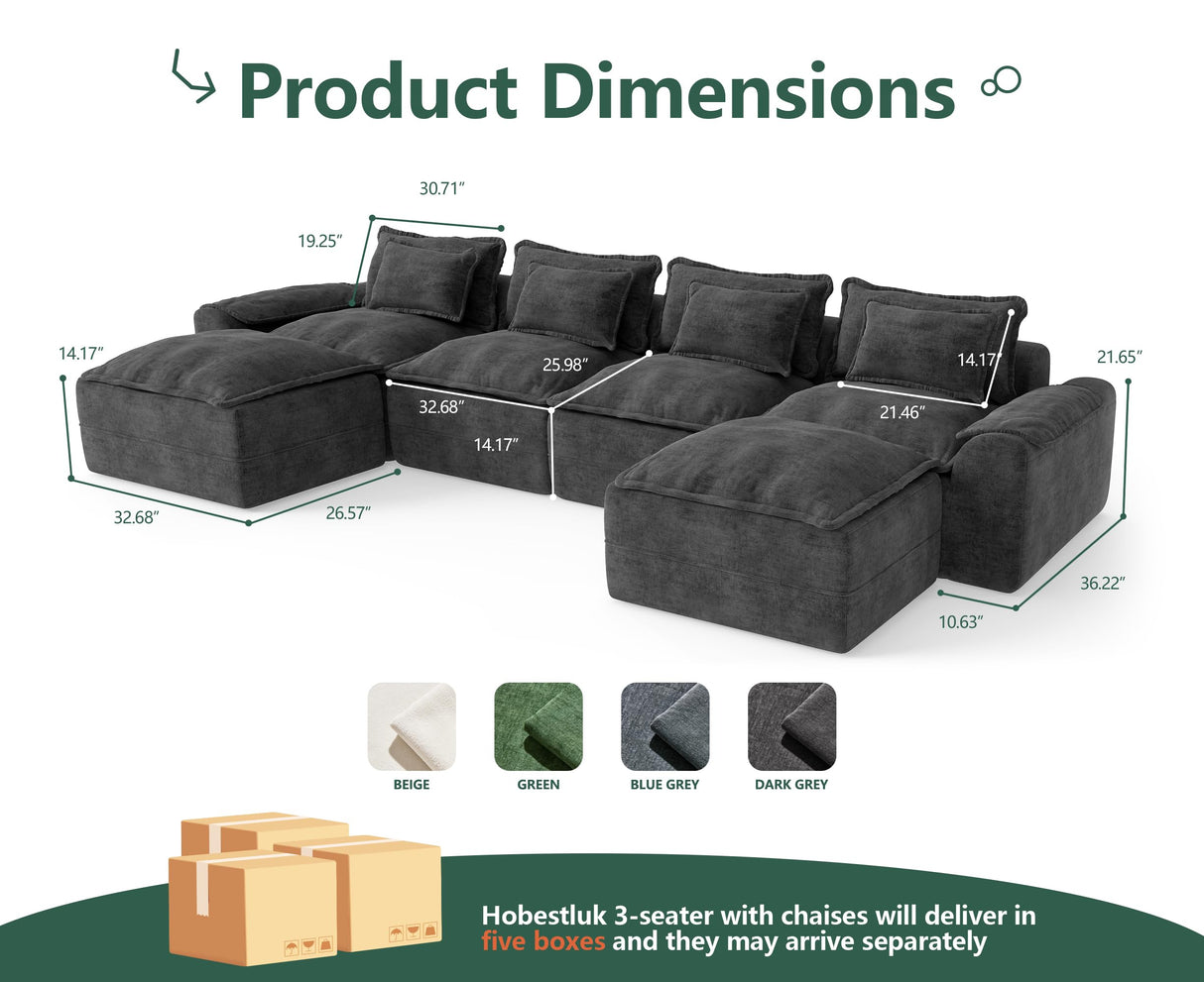 Hobestluk 152" Cloud Modular Sectional Couch 4-Seater Sofa with Ottomans U Shaped Couch Deep Seat Sofa with Removable Cover for Living Room (Dark Grey, 4-Seater Sofa with Two Ottomans) Hobestluk