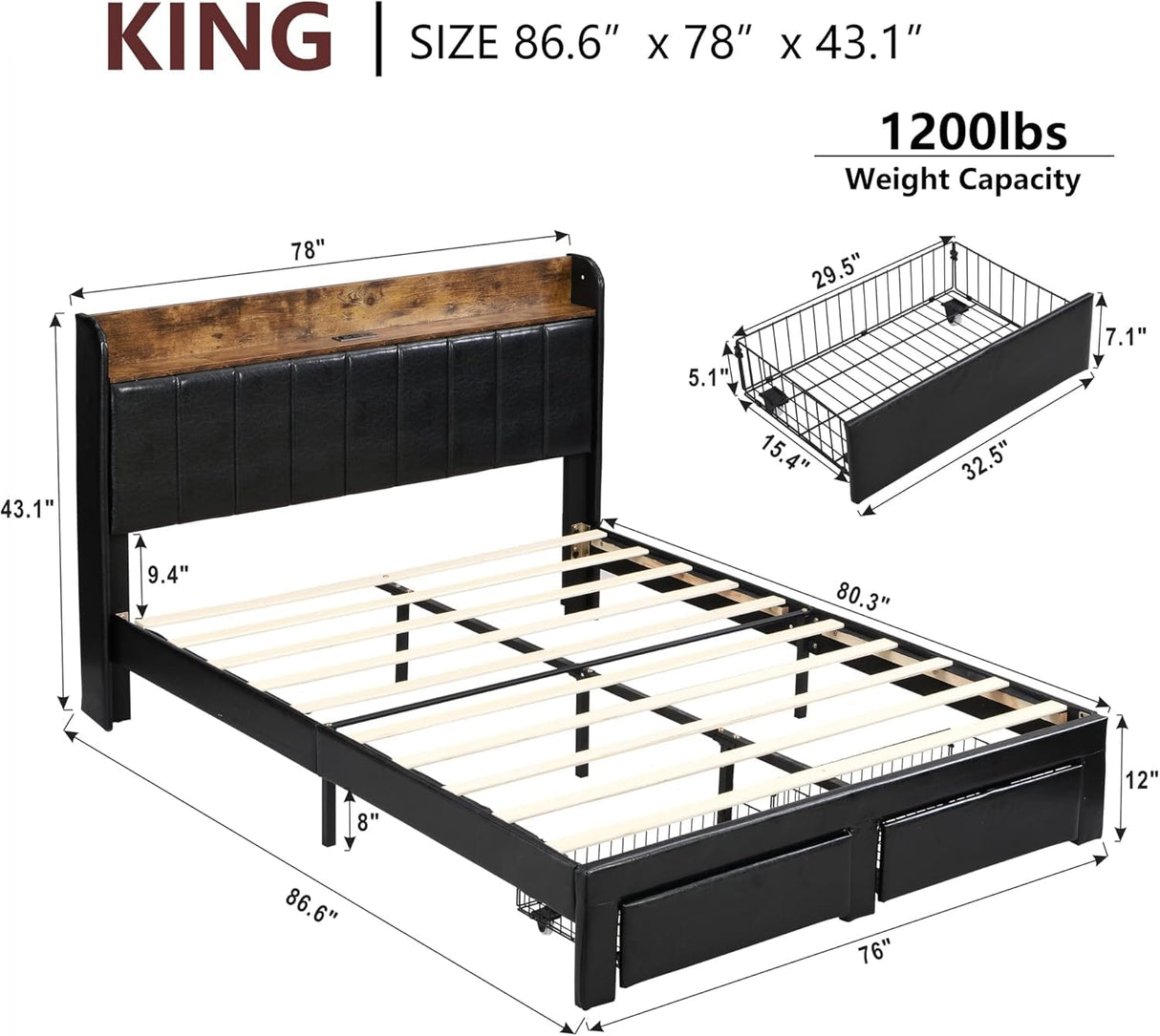 King Size Bed Frame with Headboard, Upholstered Platform Bed Frame with Charging Station & 2 Storage Drawers, Sturdy Wooden Slats Support, No Box Spring Needed, Easy Assembly, Noise Free, Black XKLOGER