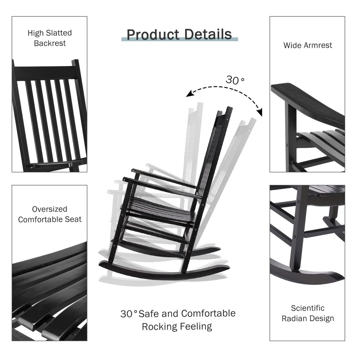 MAMIZO Wooden Rocking Chair Outdoor with High Back,Indoor, Oversized, Easy to Assemble for Garden,Lawn, Balcony, Backyard,Porch,Wooden Porch Rocker MAMIZO