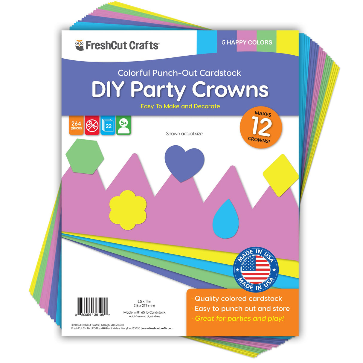 264pcs DIY Party Crown Kit – Makes 12 Princess King Children's Party Crowns, US Made HAPPY Colored Card Stock Easy Punch Out Craft for Royal Themed Birthday Party, Play Dates, Children's Theater Plays FreshCut Crafts