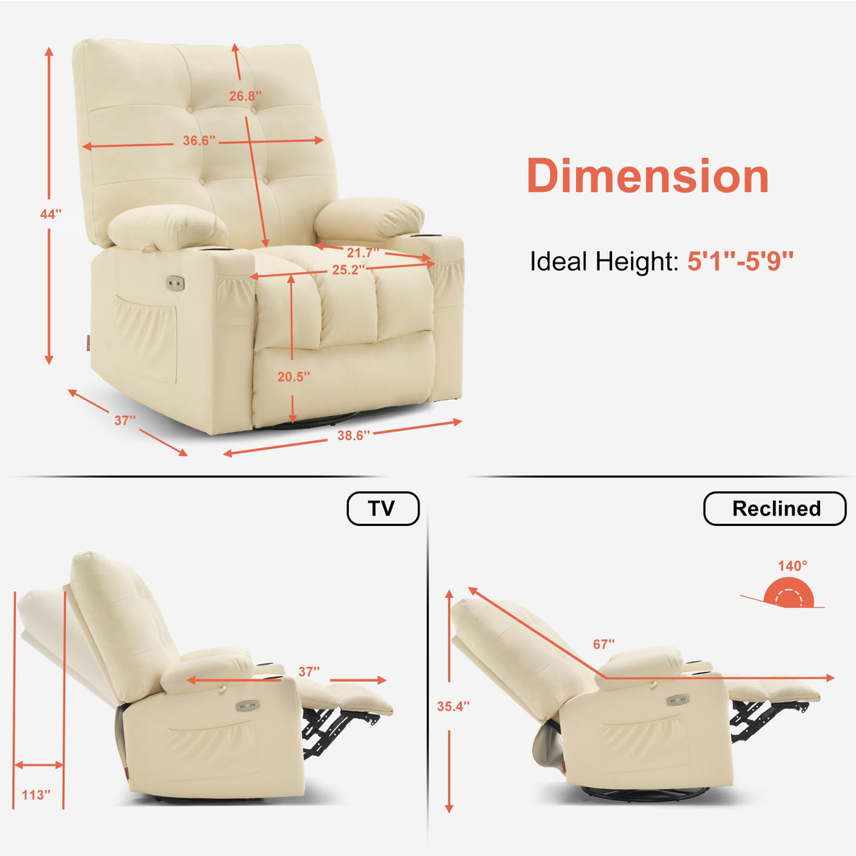 MCombo Large Power Swivel Glider Rocker Recliner Chair with Vibration and Heat for Nursery and USB Ports, Cup Holders and Pockets, Faux Leather 7748 (Cream White, Large) MCombo