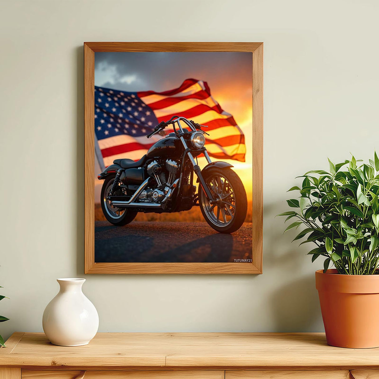 TUTUMAY21 Diamond Art Kits for Adults Motorcycle American Flag Sunset Diamond Painting Kits for Adults Beginner, Frameless Diamond Painting Kit for Home Wall Decor 12x16inch TUTUMAY21