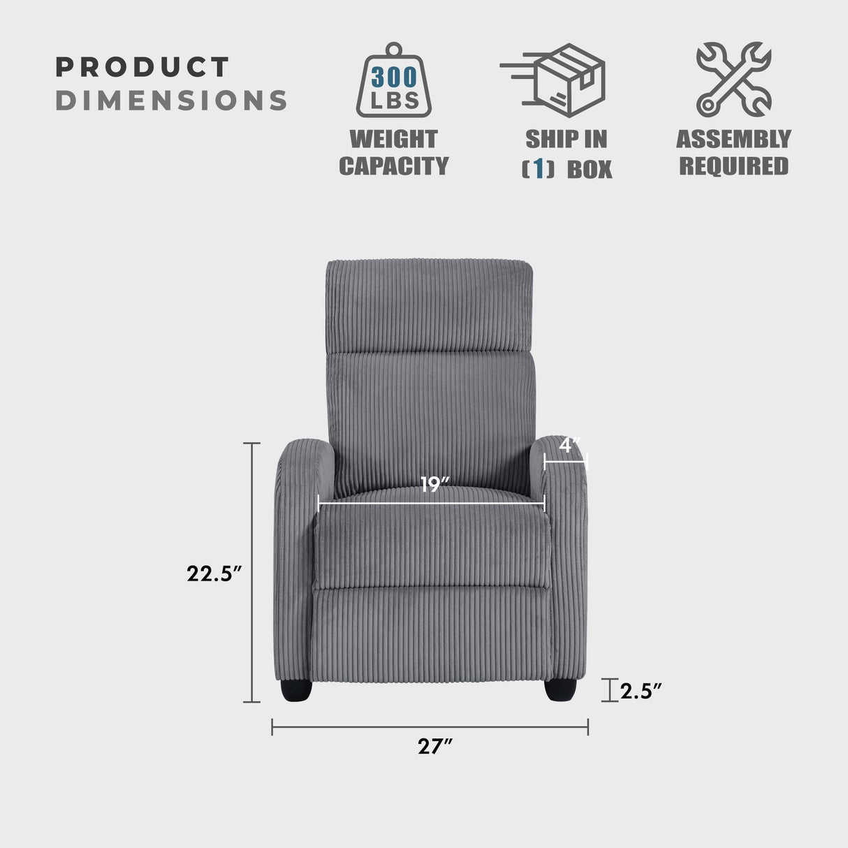 Lexicon Pushback Recliner Chair Armchair Push Back Recliner, Corduroy Chair with Solid Wood Frame and Metal Seat Base, Single Sofa Accent Chair for Living Room/Office/Apartment, Dark Grey Lexicon