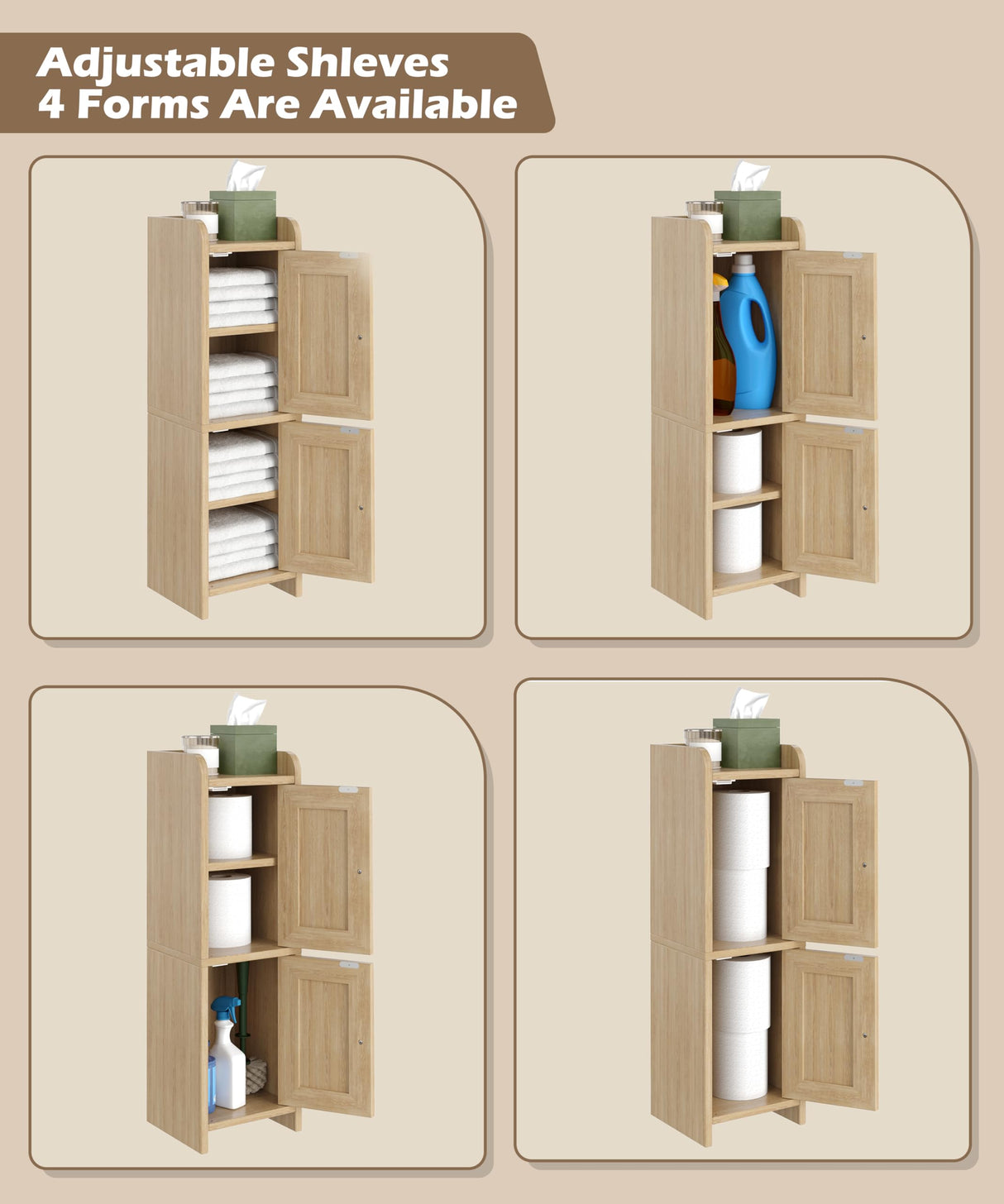 Akxomel Rattan Small Bathroom Cabinet with 2 Doors, Narrow Toilet Paper Storage Cabinet, Bathroom Organizer for Small Spaces, Wooden Slim Corner Floor Unit with Adjustable Shelves, Natural Oak Akxomel