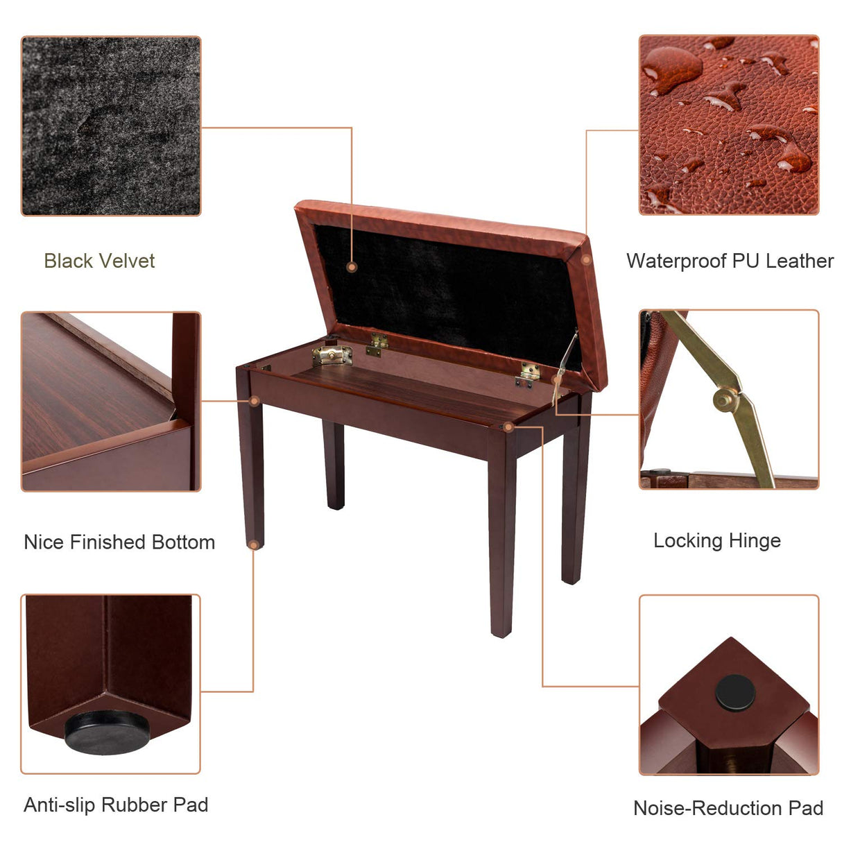 Bonnlo Brown Duet Piano Bench with Storage Compartment and Thick Cushion Hinged top Artist Duet Seat Bonnlo