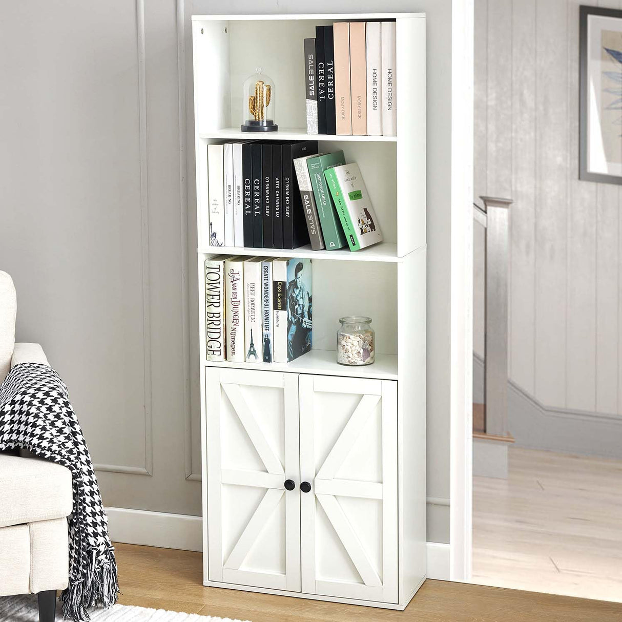 White 5-Tier Bookshelves for Living Room, Farmhouse Tall Bookcase with Doors, Wooden Bookshelf with Storage Cabinet and Shelves for Living Room, Home Office Stabrech