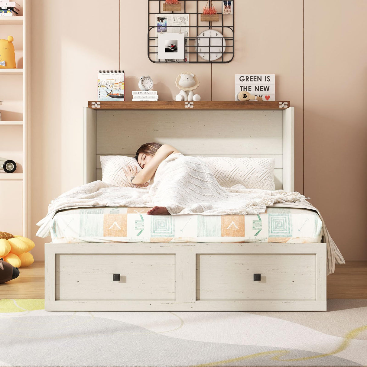 AMERLIFE Full Murphy Bed with Storage & Charging Station, Farmhouse Murphy Cabinet with Foldable Panel, Noisy Free, for Guest Bedroom, Living Room, Office, Distressed White & Barnwood AMERLIFE