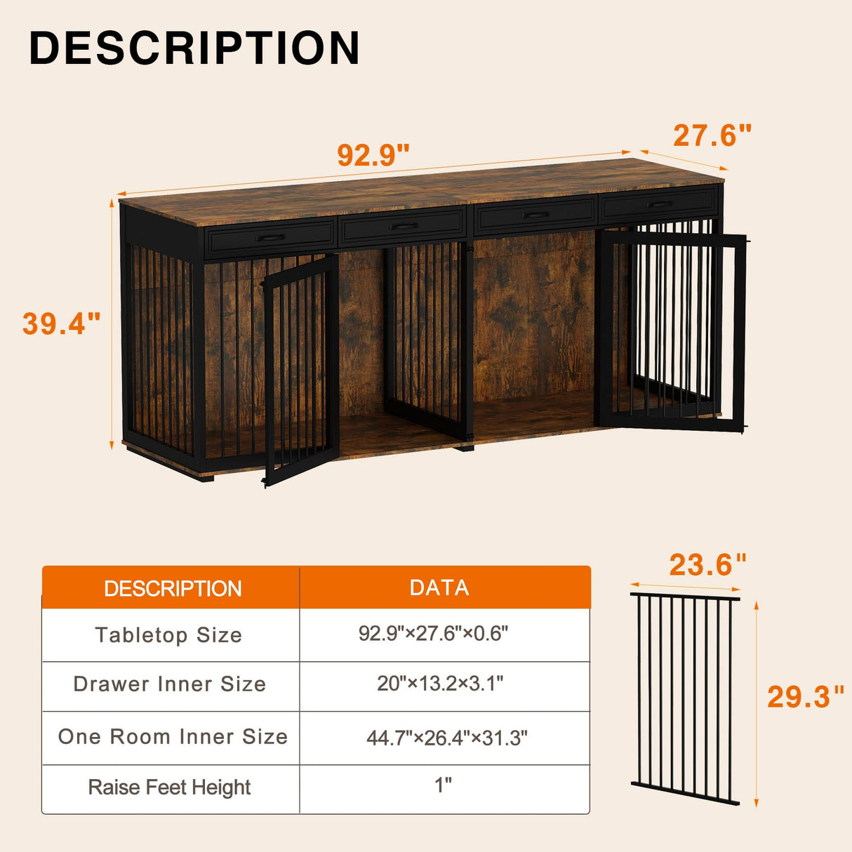 Timechee 93" Extra Large Dog Crate with Double Rooms, Heavy Duty Wooden Dog Cage Furniture Dog Crate Kennel with Drawers & Removable Divider,Indoor Luxury Dog House for Large Medium Dogs, Rustic Brown Timechee