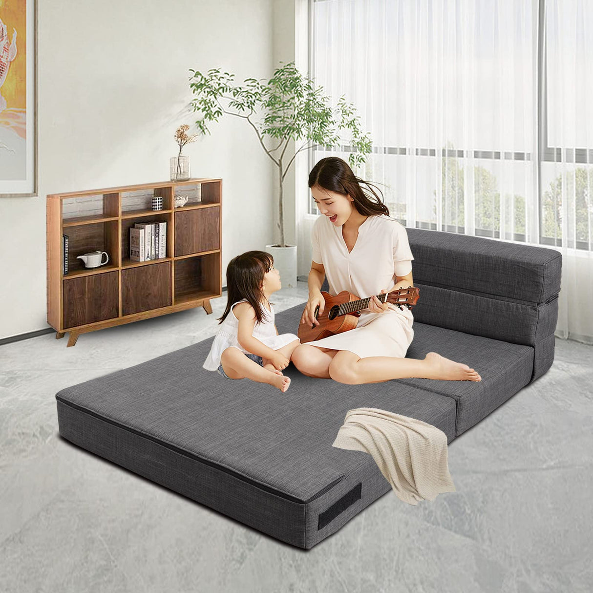 Nigoone Queen Size Folding Sofa Couch Memory Foam with 2 Pillows Sleeper Chair Lazy Couch Triple Futon Convertible Guest Beds, Washable Cover,Dark Gray Nigoone