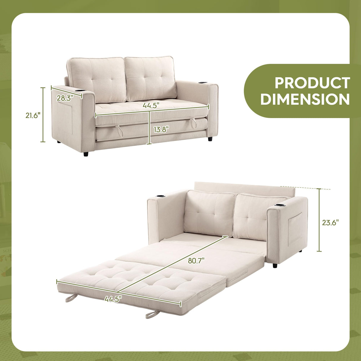 Urhanherry 54" Folding Sofa Bed Full Size, Pull Out Couch Small Love Seat Sleeper Bed Futon, Fold Out Floor Gaming Couch with Cup Holder for Dorm, Bedroom, Small Spaces(Beige) Urhanherry