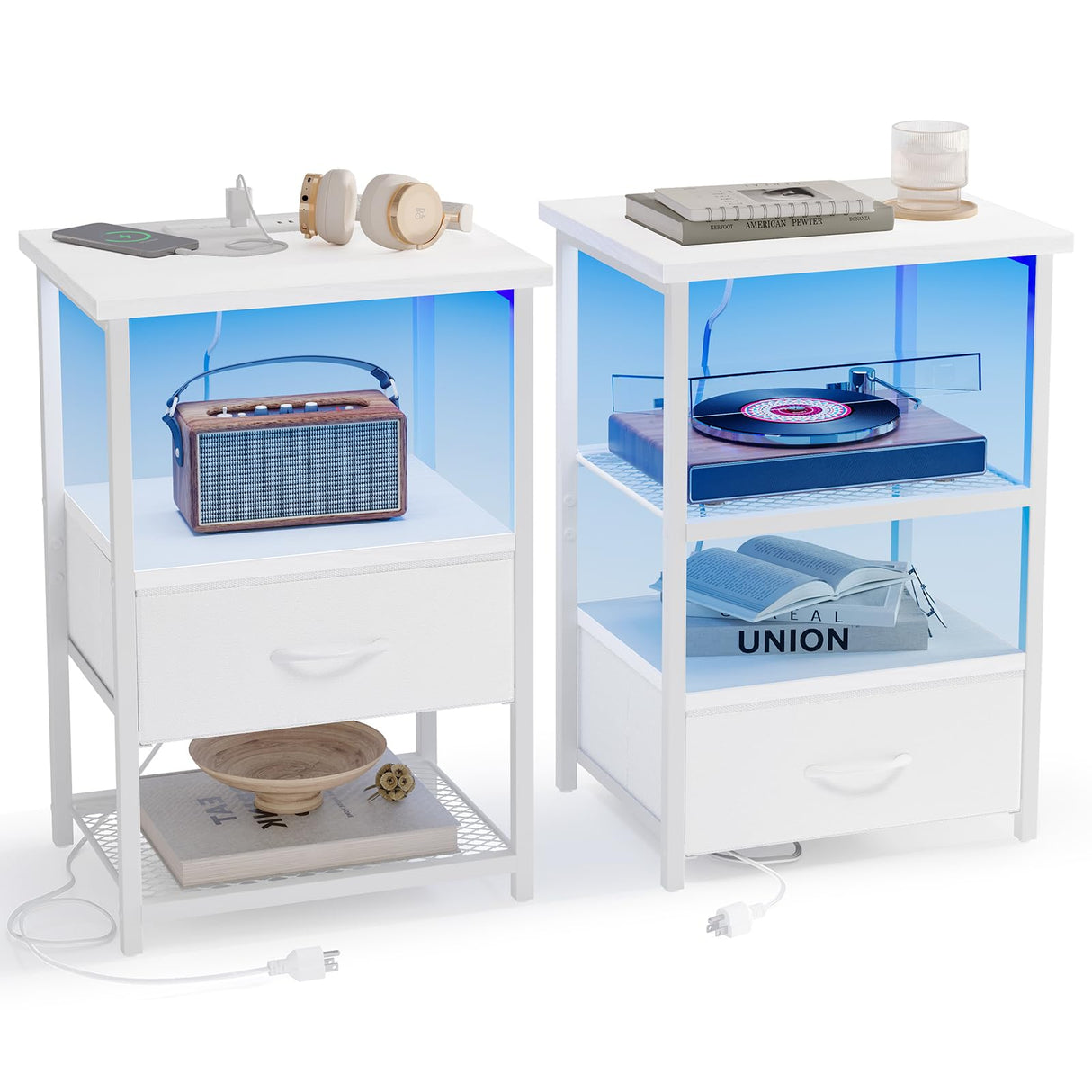 Fixwal Night Stand Set of 2 with Charging Station, LED Nightstand with Fabric Drawers, End Table with PU Finish, Bed Side Table, White Fixwal