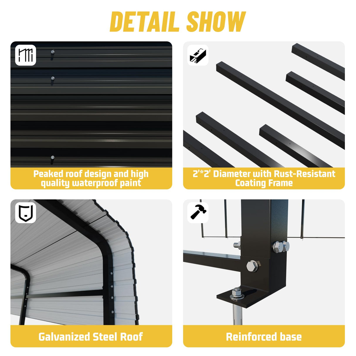 HEYTOWN Metal Carport 10 * 15 FT with Enhanced Base Heavy Duty Garage with Galvanized Steel Roof Multi-Use Shelter Outdoor for Car, Pickup, Boat and Tractors HEYTOWN