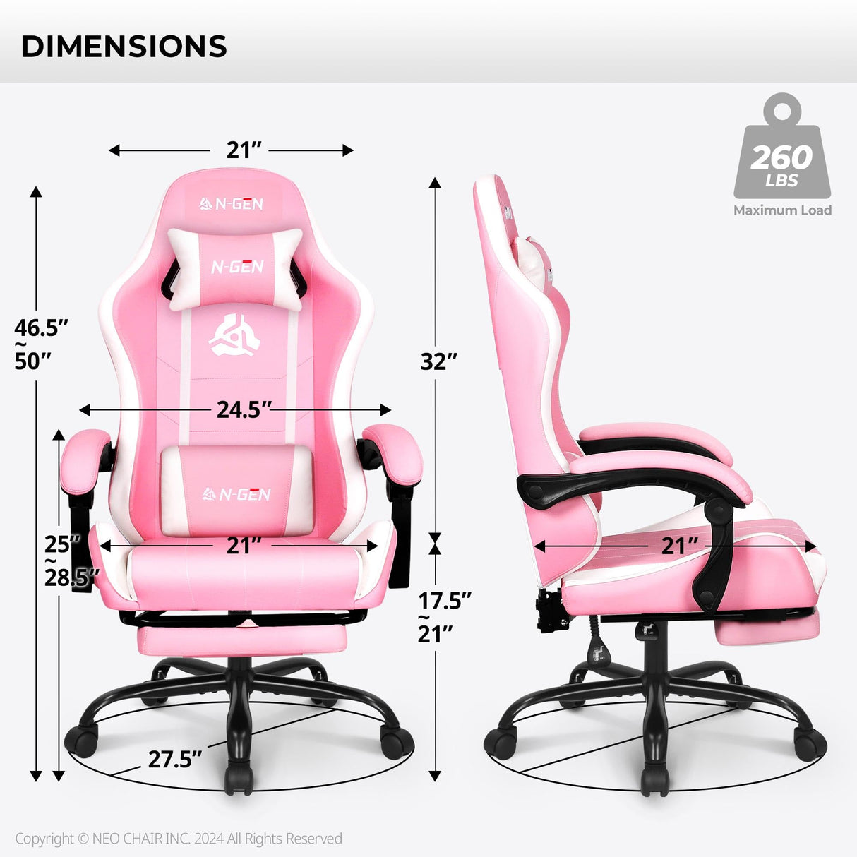 N-GEN Video Gaming Chair with Footrest High Back Ergonomic Comfortable Office Computer Desk with Lumbar Support Height Adjustable with PU Leather Recliner for Adults Women Men (Pink) NEO CHAIR