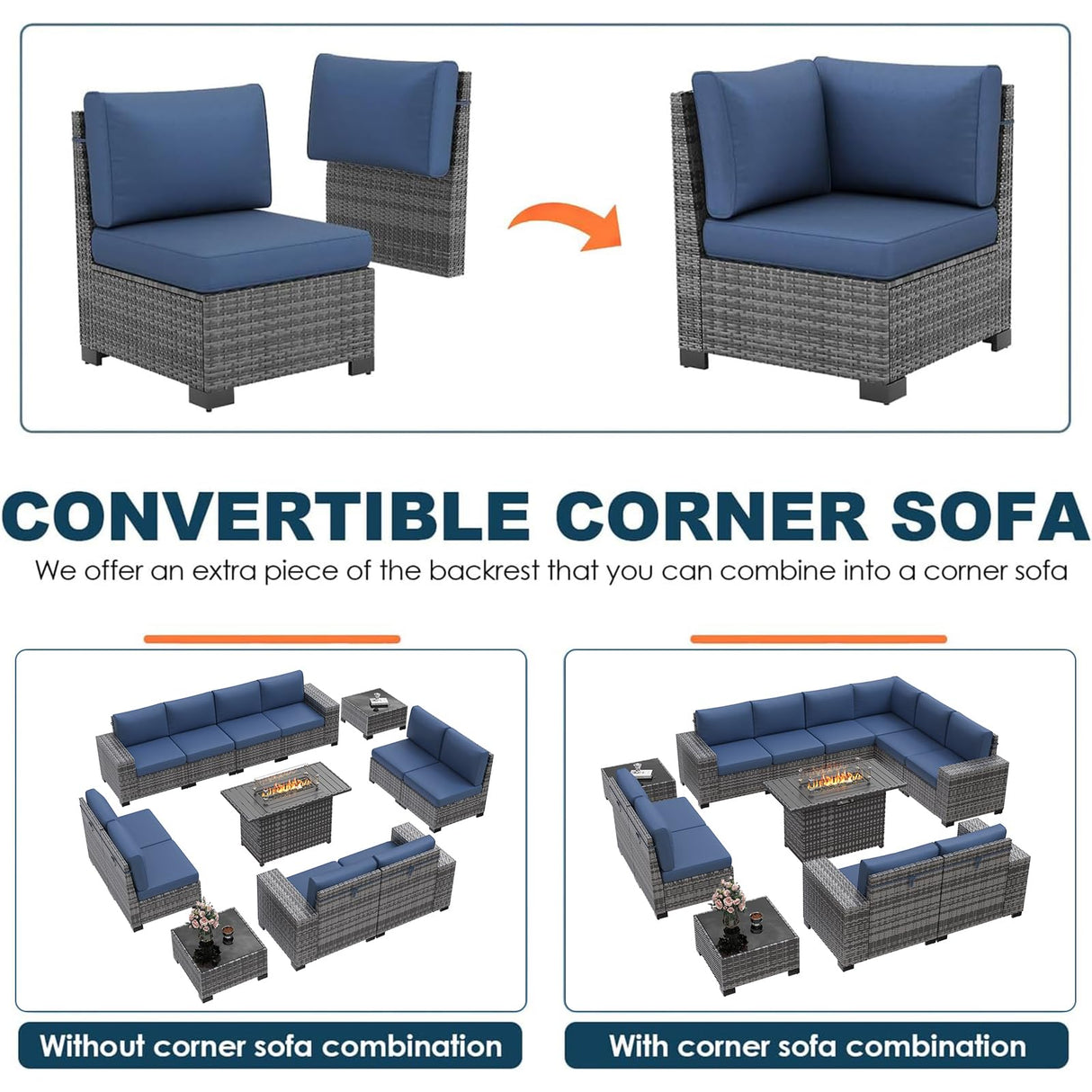 VONZOY 13 Piece Patio Furniture Set with Fire Pit Table, Outdoor Conversation Sets Grey Wicker Rattan Sectional Sofa, 4'' Thickened Cushion Navy Blue (Include Waterproof Cover) VONZOY