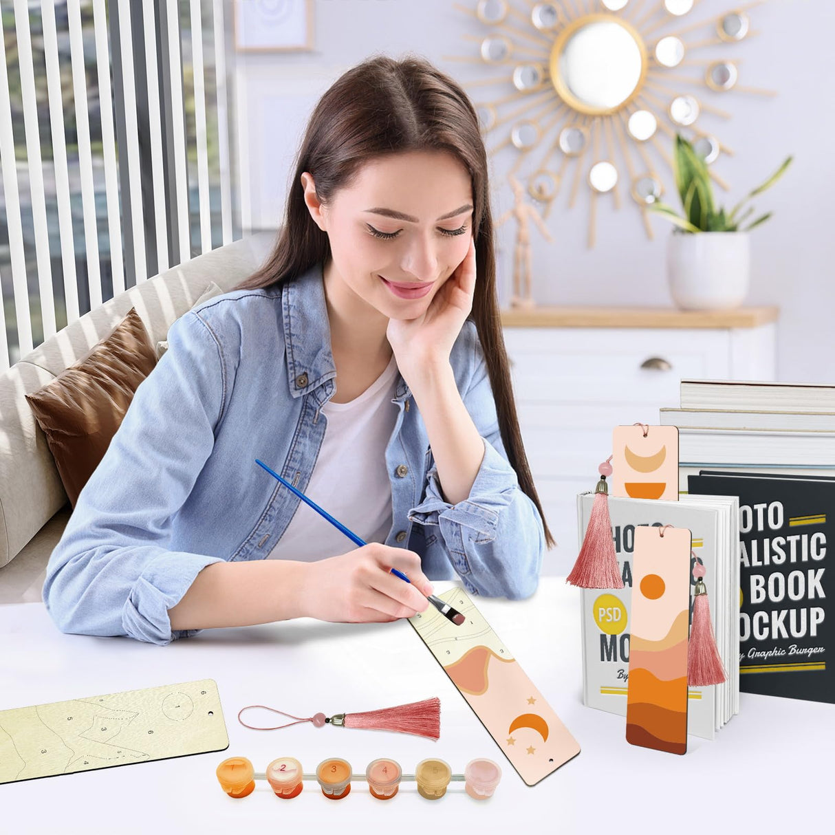 JOOZ 4 Pack Easy Paint by Numbers Kit for Adults, Wood Bookmarks Paint by Numbers for Book Lovers, DIY Mountain Sunset Moon Oil Painting by Number Bookmarks with Tassel for Gift 7x2 Inch JOOZ