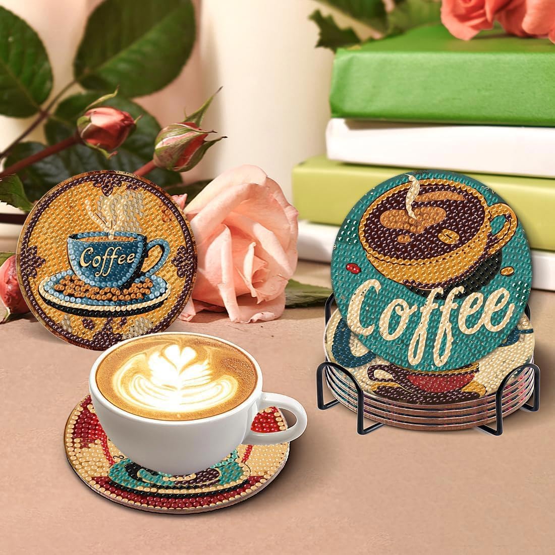 cupmod Coffee Diamond Painting Coasters Kits,8 Pcs Coffee Diamond Art Coasters with Holder, Crafts Kits for DIY Coasters Diamond Art Kits for Adults cupmod