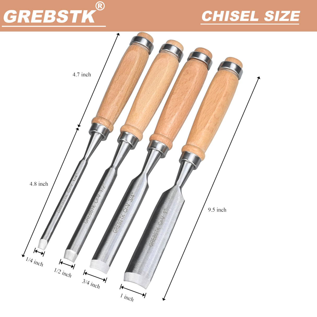 GREBSTK 4pcs Semicircle Chisel Set Carpenter Gouge Chrome Vanadium Steel Semi-Circular Cr-V Woodworking Carving Chisel GREBSTK