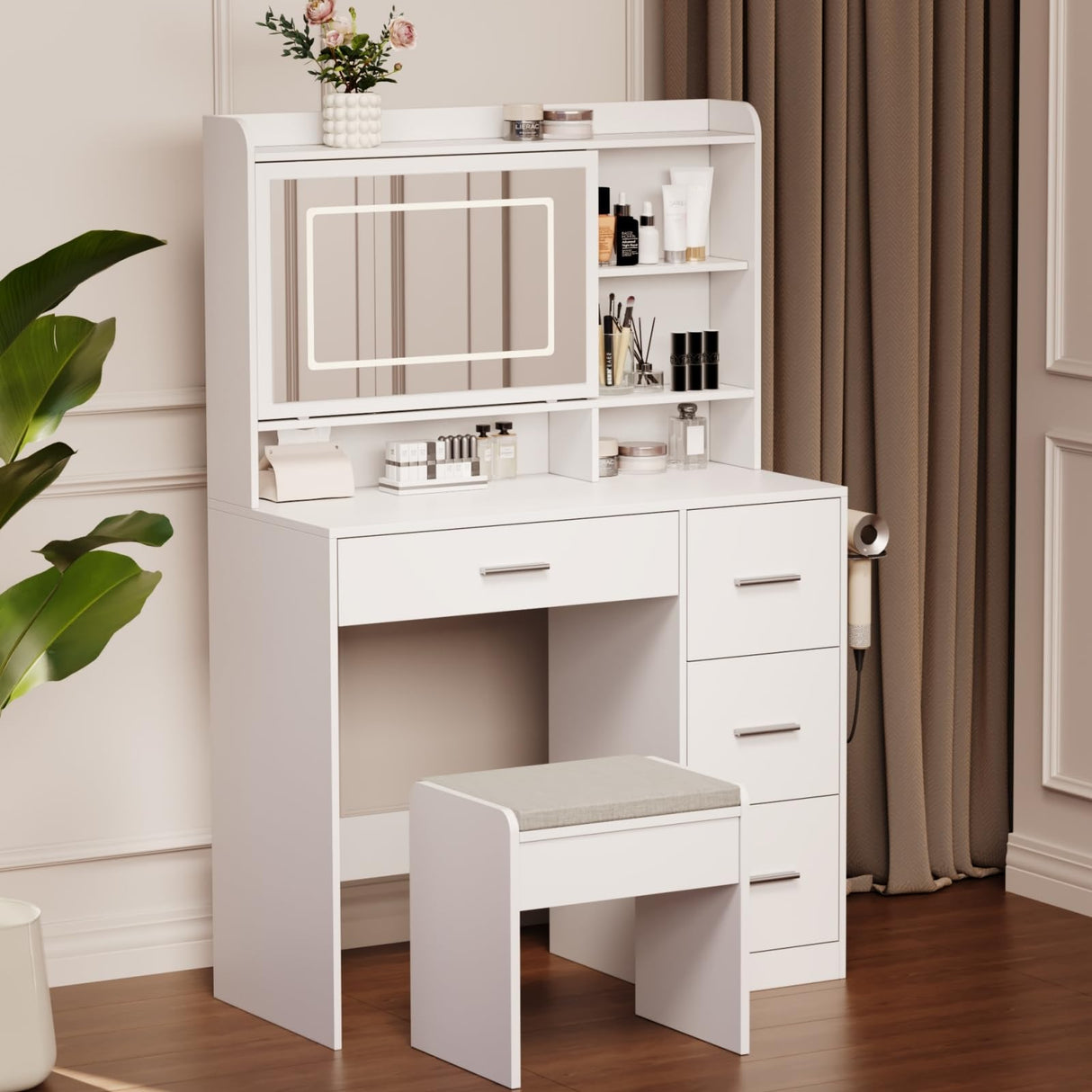 Viaozutis Vanity Desk with a Mirror and Lights,with Chair and Four Drawers, Three Adjustable Lighting Modes,with Power Outlet and Sliding LED Mirror,Bedroom Vanity Desk (White) Viaozutis