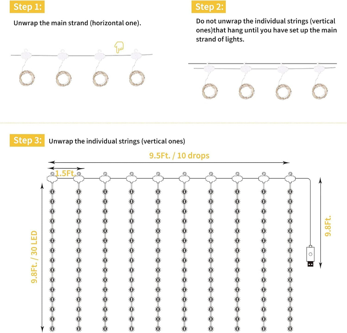 Minetom Curtain Lights, 300 LED Dimmable Fairy Lights with Remote and Timer, 8 Modes, USB Powered String Lights for Room Wall Party Xmas Indoor Decor, Warm White Minetom