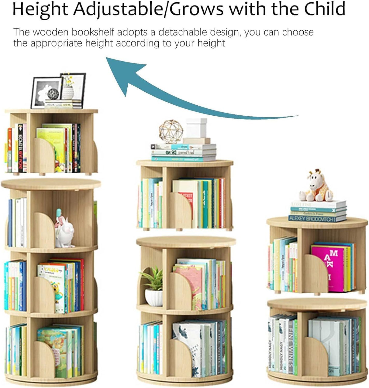 4-Tier Rotating Wooden Bookshelf Organizer for Kids and Adults - Solid Wood Display Rack for Any Room TNUEEIO