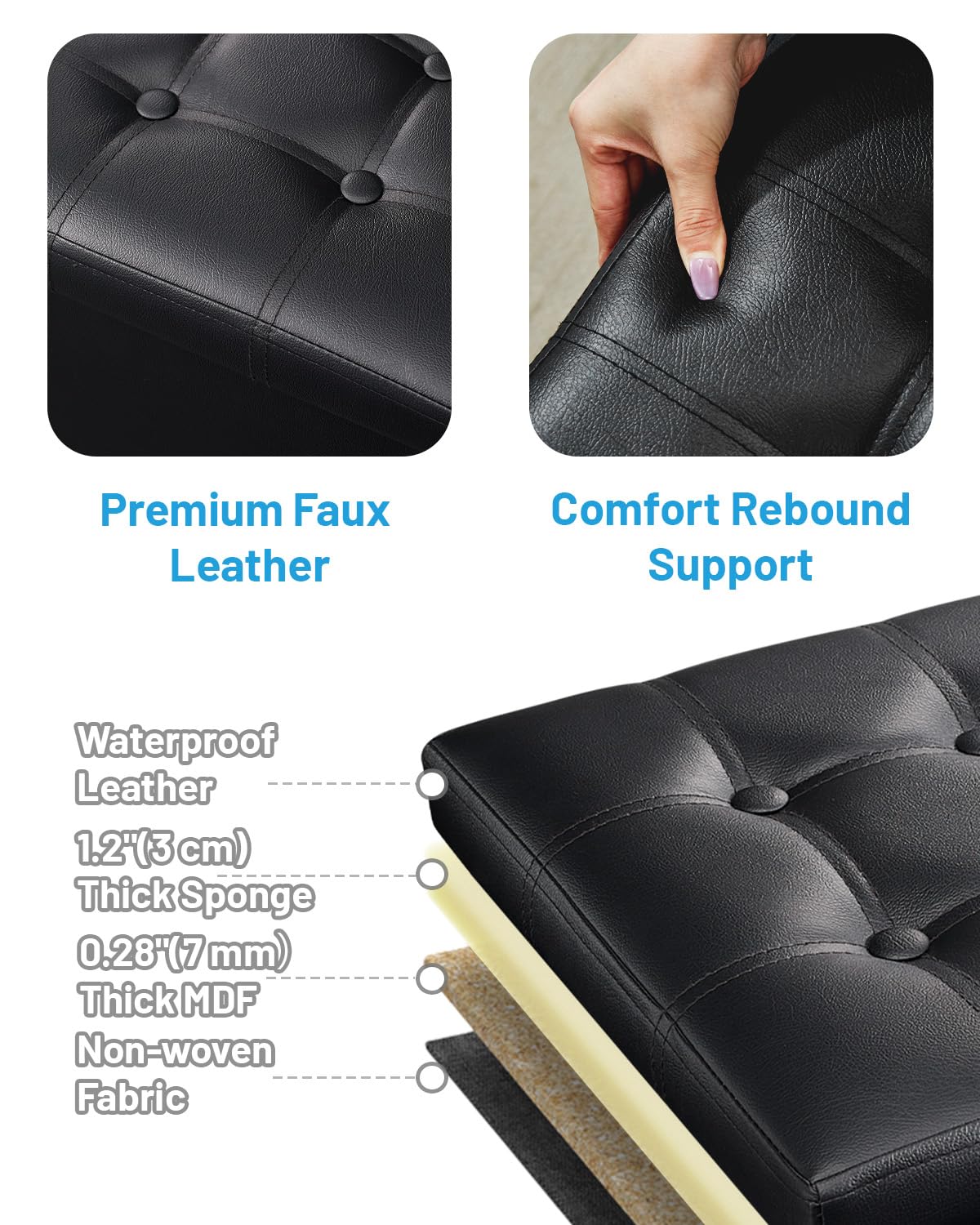 AmasSmile Storage Ottoman Folding Foot Rest Stool, Leather Footstool Bench, Short Ottoman Stool, Storage Foot Rest Store, Books (Black, 13" D x 17" W x 13" H) AmasSmile