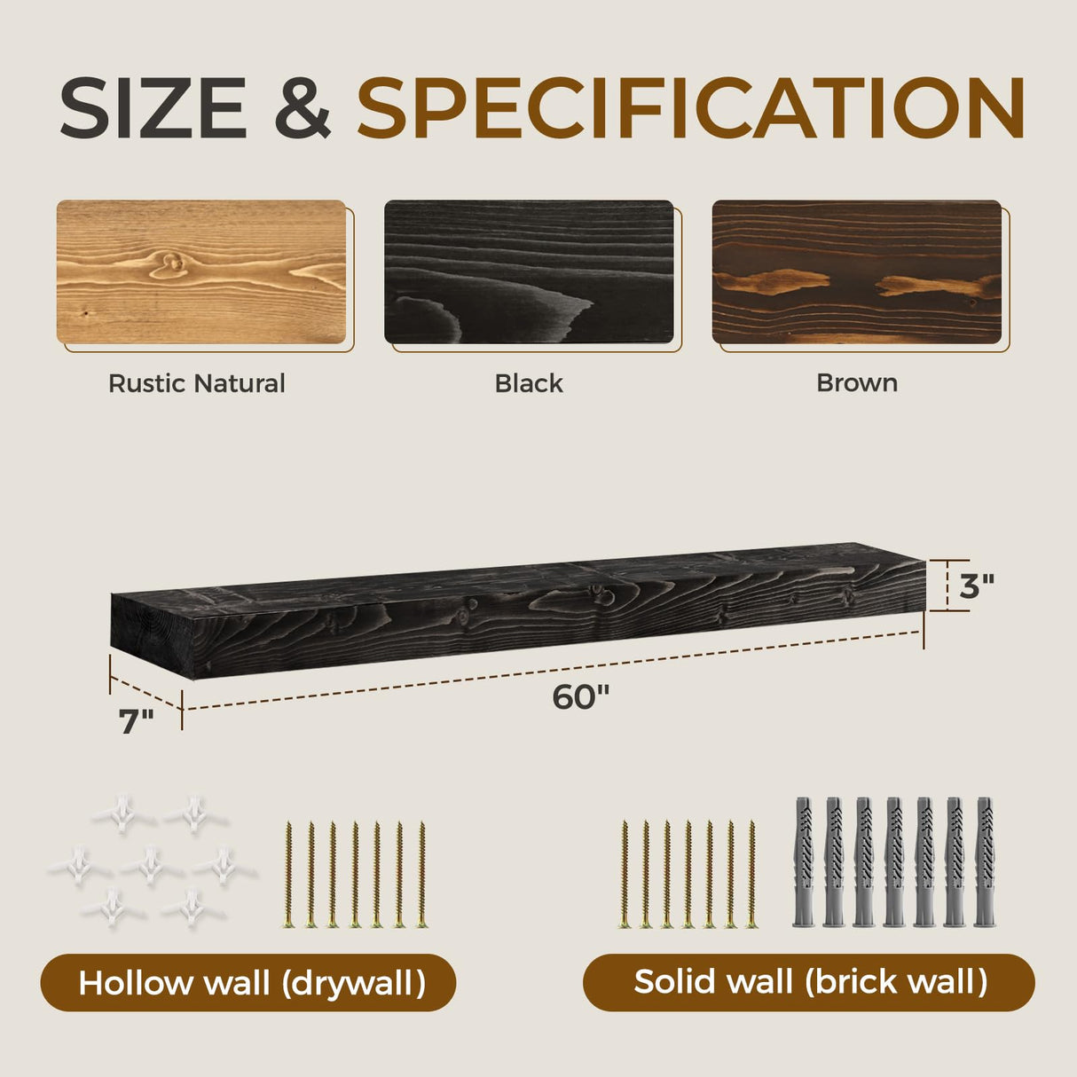 YLYHSST 60" Fireplace Mantel, 3'' Thick Handmade Rustic Solid Wood - Wall Long Floating Shelf with Invisible Metal Bracket, Black YLYHSST