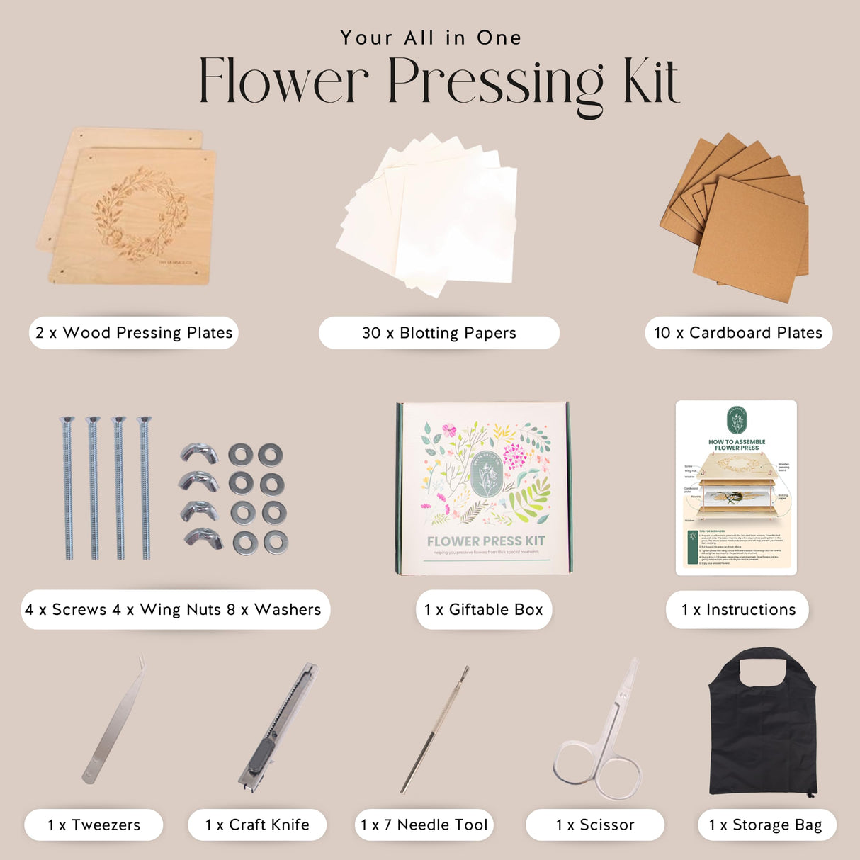 Extra Large Flower Press Kit | 11"x11" 10 Layers Wooden Pressing Boards, Tools & Bag | Crafting Kits for Adults & Kids | DIY Pressed Flower Plant Preservation Kit | Bouquet Preservation | Great Gift Greta Grace Co.