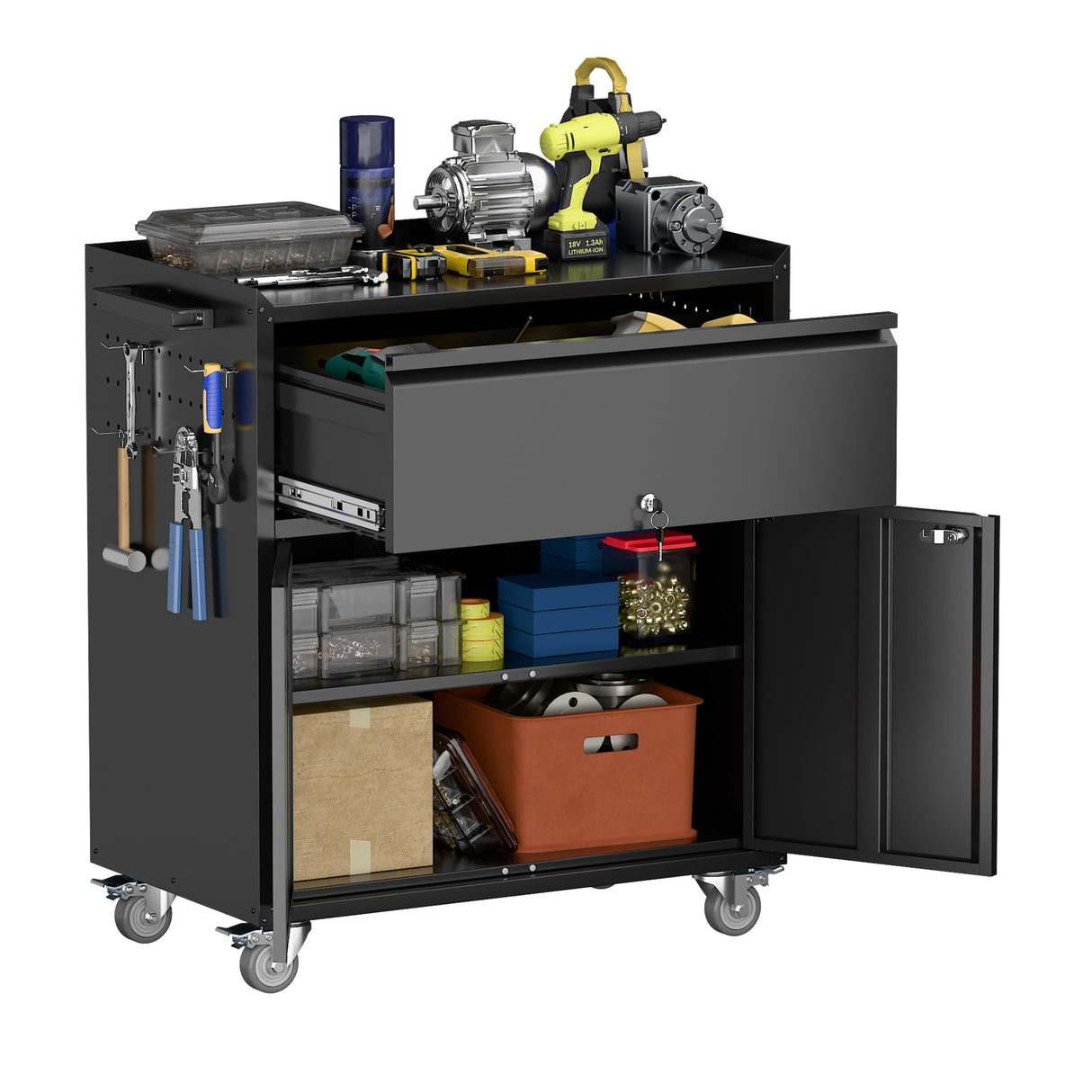 GangMei Metal Garage Storage Cabinet with Wheels and Pegboard, 35.4" H Lockable Tool Storage Cabinet with One Drawer, Adjustable Shelf and 4 Hooks for Garage, Warehouse, Black GangMei