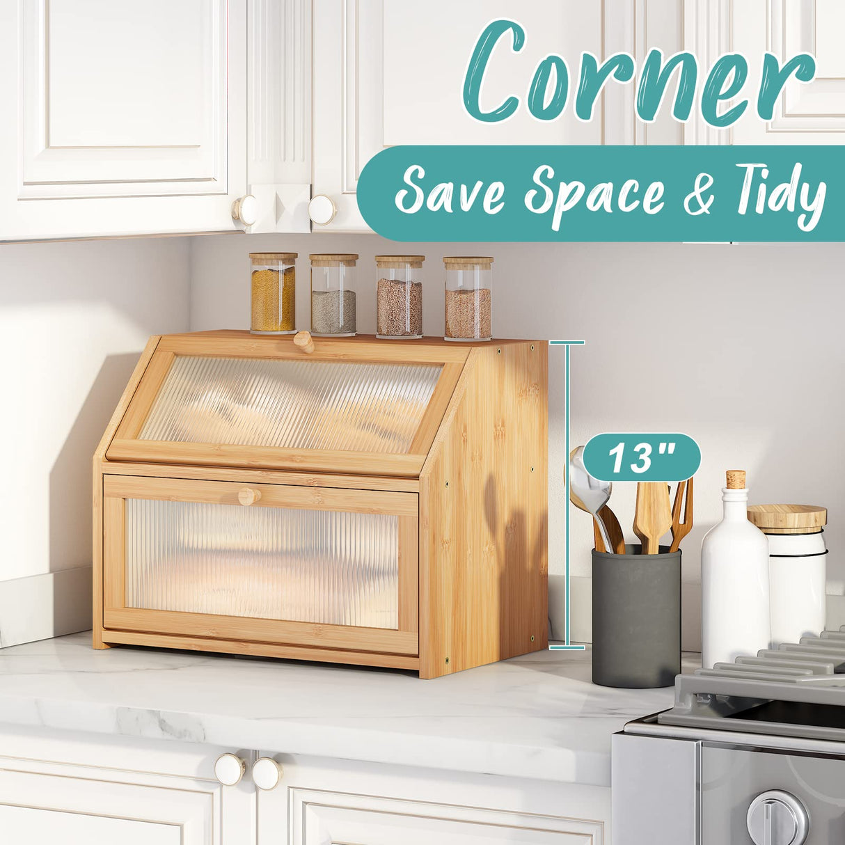 Vriccc Large Bread Box for Kitchen Counter,Bamboo Wood Double Layer Bread Box for Kitchen Counter, Wooden Capacity Bread Storage Bin Vriccc