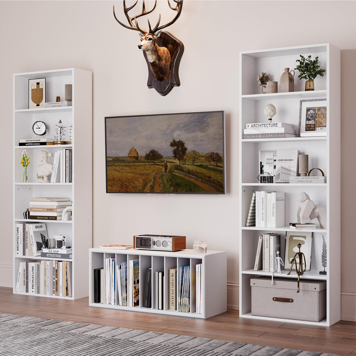 oneinmil Bookshelf 6-Tier Set of 2 Open Bookcase and Bookshelves Wooden Floor Standing Display Wide Storage Shelves Rack 71" Tall for Home Offices, Living Rooms, and Bedrooms, White oneinmil