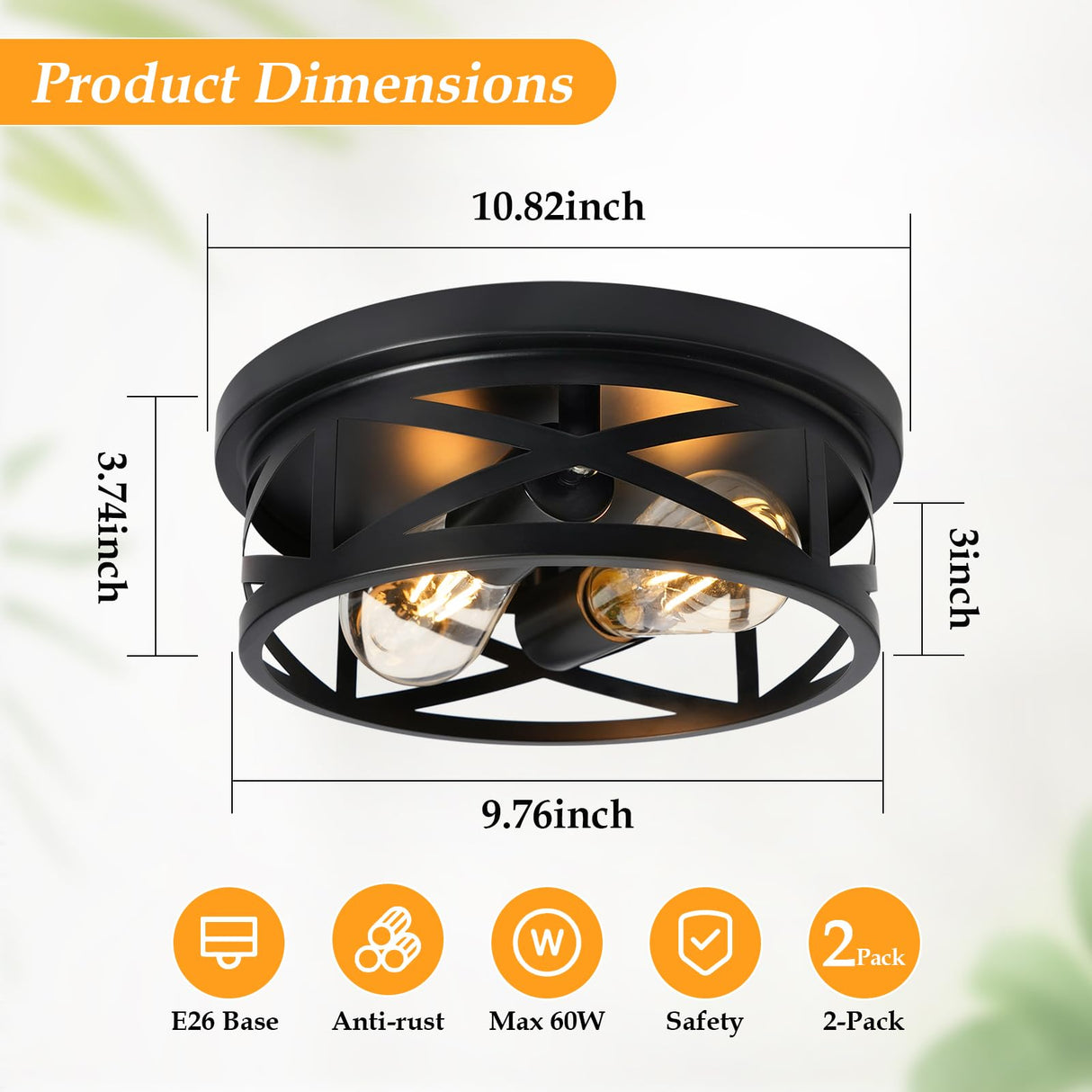 Elekeed 2-Light Flush Mount Ceiling Light Fixture, Farmhouse Ceiling Lights for Kitchen, Modern Black Close to Ceiling Light for Hallway Bedroom Balcony Porch Stairway, E26, (2 Pack) Elekeed