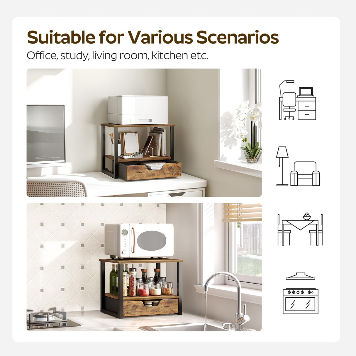 YATINEY Desktop Printer Stand, 2-Tier Printer Table with Non-Woven Drawer, Multi-Purpose Desk Organizer for Home Office, Under Desk Open Organizer Shelf, Rustic Brown PS01BR YATINEY