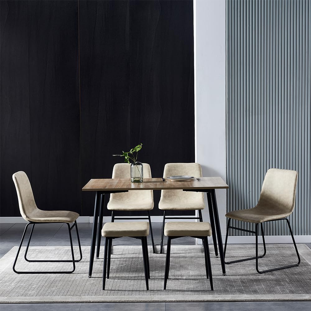 Anchorhome 47"(W) Modern Wooden Dining Table Set for 4/6, with 4 Armless Dining Chairs Plus 2 Sturdy Stools Faux Leather Metal Frame, Dining Room Kitchen Apartment (Vintage Beige) Anchorhome
