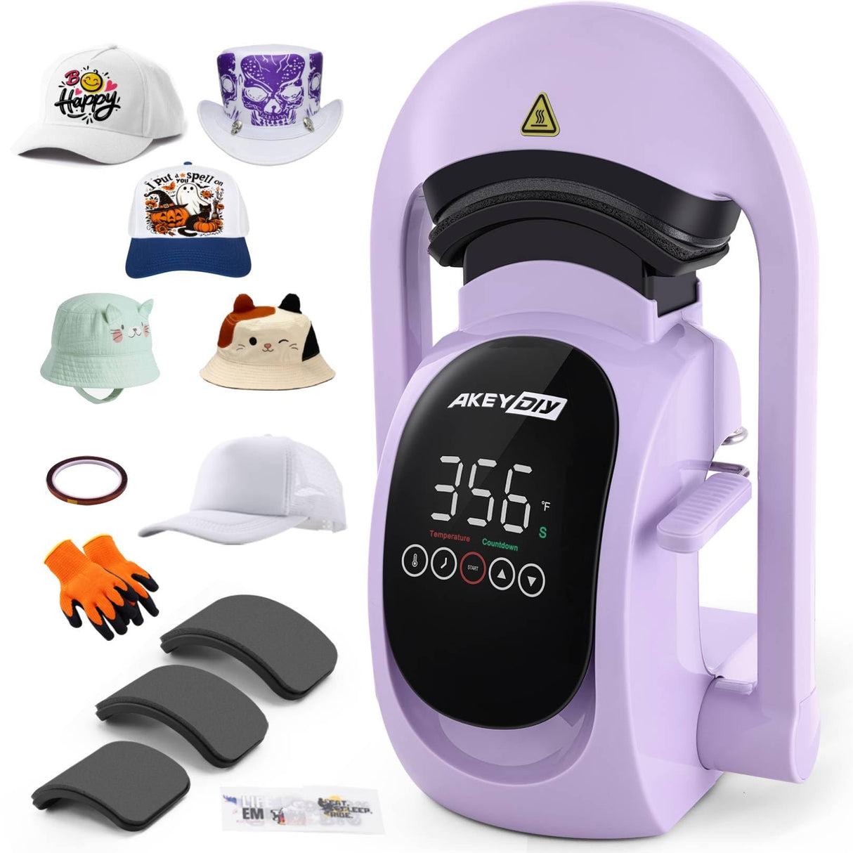 AKEYDIY 3-in-1 Auto Hat Heat Press Machine for Caps, with 3pcs Interchangeable Platens, Automatic Open & Release, Touchscreen for Precise Time & Temp Control, Heat Transfer Printing for Caps, Purple AKEYDIY