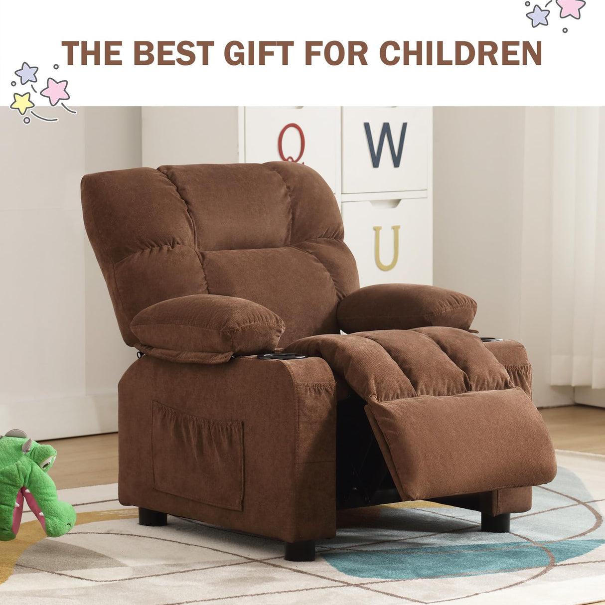 BOSMILLER Kids Recliner Chair, Push Back Toddler Recliner with Cup Holders & Side Pockets, Adjustable Footrest & Headrest Kids Sofa for Boys Girls 3+ Age Group (Deep Brown) BOSMILLER