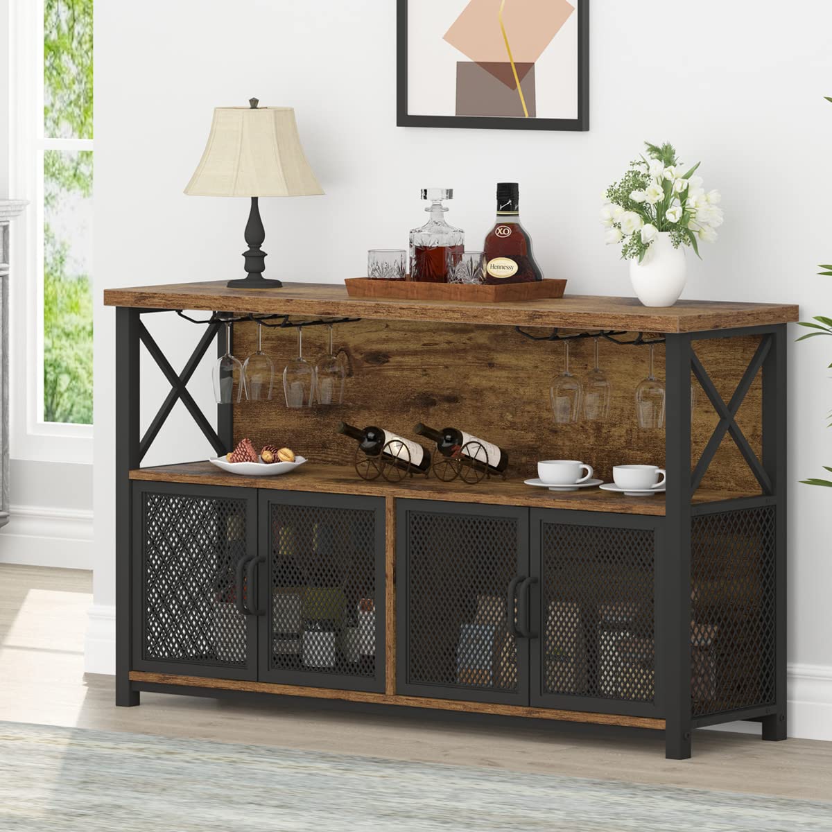 Rustic Brown Industrial Coffee Bar Cabinet with Wine Rack and Ample Storage LVB
