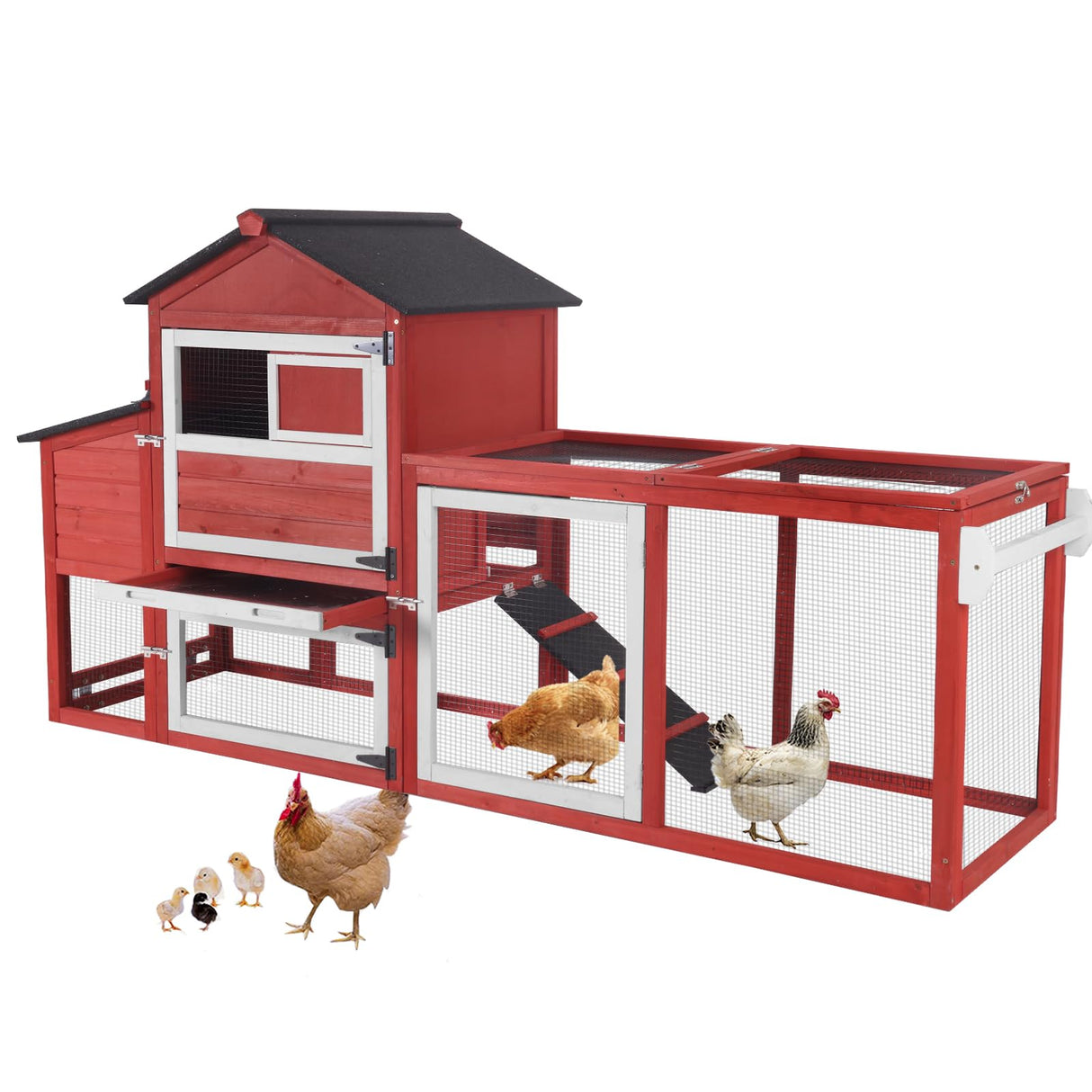 Chicken Coop for 2-4 Chickens,Outdoor Chicken House with Wheels, Nesting Box, Leakproof Pull-on Tray and UV-Resistant Roof Panel, Wooden Mobile Chicken Coop for Duck (Red, 70" L x 22" W x 44.1" H) Suumerpety