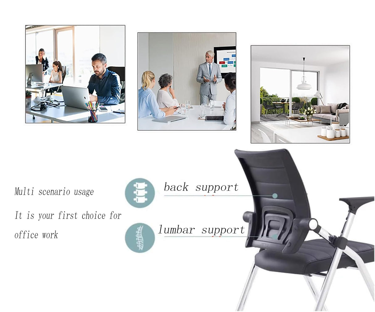 Buokaiw Foldable Office Chair,Folding Desk Chair with Wheels, 360 ° Rotation Leather Conference Training Chairs,Portable Padded Office Chairs. Backrest Bouncy,Black(1 Pcs) Buokaiw