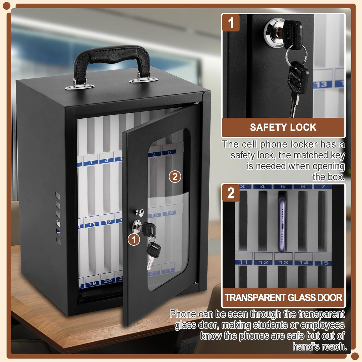 Consfly Cell Phone Locker Box, Thickened Steel Cell Phone Storage Cabinet 24 Slots Wall-Mounted Cell Phone Lock Box for School, Company Consfly