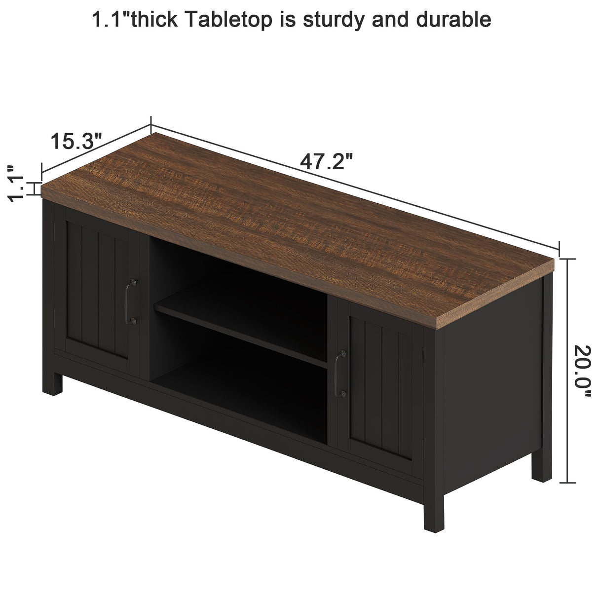 ChooChoo Farmhouse TV Stand, Wood Grooved Door Entertainment Center with Storage Cabinets and Open Shelves, Rustic Media Console up to 55 inches for Living Room, Bedroom, Black ChooChoo